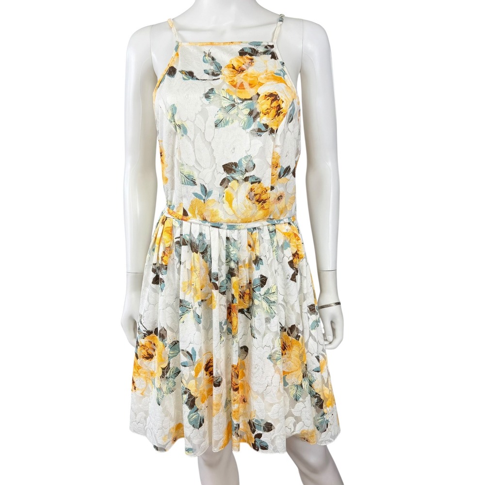Floral Lace Mini Dress Strappy Fit Flare Pleated Cottagecore‎ Romantic Summer XL